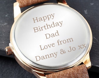 Personalised Mens Watch with Brown Strap, Rose Gold Tone and Presentation Box, for Him, Man, Male, Dad, Grandad, Papa, Brother, Uncle