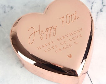 Personalised Happy 70th Birthday Rose Gold Heart Jewellery Trinket Box