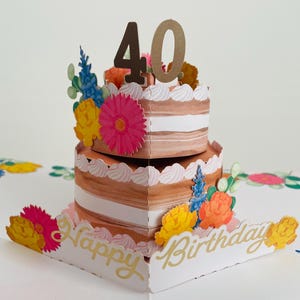 3D Pop Up Karte zum 40.Geburtstag Andenken, Andenken, Kuchen & Blumen - Weiblich Mutter Tochter Schwester Freund Tante Nichte