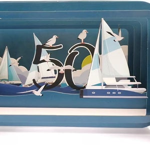 Mensagem em uma garrafa Barcos à vela 50º aniversário pop-up 3D cartão de felicitações - cartão de aniversário de 50 anos para mulher homem amigo pai filho irmão tio