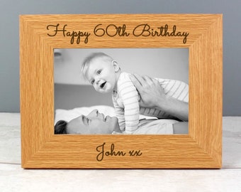 Personalised Happy 60th Birthday 6x4 Oak Finish Photo Frame Gift for him or her, male or female