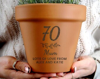 Personalised 70th Birthday Big Age Plant Pot – Floral Terracotta Planter for him or her