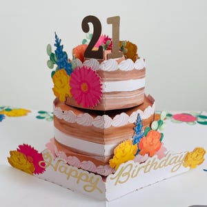 21st Pop Up 3D Geburtstagskarte Andenken Kuchen & Blumen - Tochter Enkelin Schwester Freund Tante Nichte Cousin
