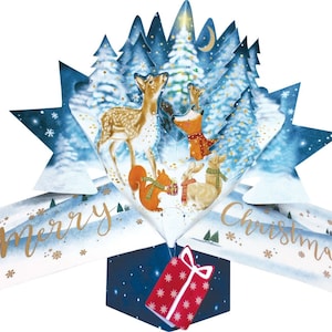 Tarjeta navideña 3D desplegable: escena de bosque invernal con renos, ciervos, conejos y ardillas. Para mamá, papá, hijo, hija, hermana, sobrina, amiga, nieta