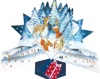 Christmas 3D Pop Up Card - Reindeer Deer Rabbit Squirrel Winter Forrest Scene - For Mum Dad Son Daughter Sister Niece Friend Granddaughter