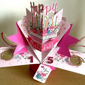 Carte de voeux 3D pop-up Happy 15th Birthday 15 Today, idéale pour une amie, une petite-fille, une soeur ou une nièce