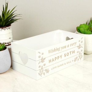 Caisse de rangement personnalisée en bois blanc pour joyeux 50e anniversaire - Idéal pour ranger des souvenirs, des cartes, des cadeaux - 50 cadeaux pour lui, homme femme