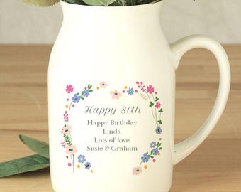 Personalised 80th Birthday Flower Jug - Ceramic 80th Birthday Gift - Add any message