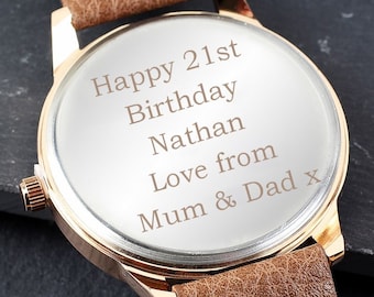 Personalised 21st Birthday Mens Watch with Brown Strap, Rose Gold Tone and Presentation Box - 21st Birthday Gift