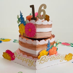 Tarjeta 3D emergente para el 16.° cumpleaños, recuerdo con forma de pastel y flores: hija, nieta, hermana, amiga, tía, sobrina, prima