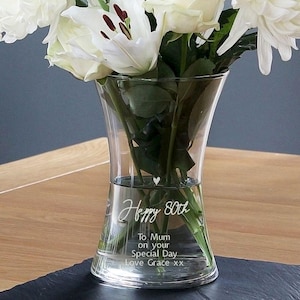 Personalised Happy 80th Birthday Glass Decorative Vase - 80th Birthday Gift for Him or Her