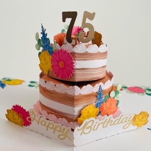 75° compleanno Pop Up 3D Card Ricordo Torta e fiori - Donna Mamma Nonna Sorella Amica Zia