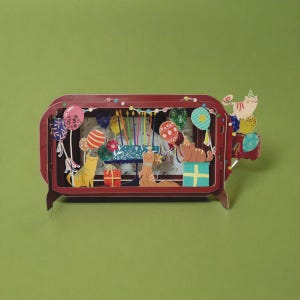 Carte pop-up 3D chats et gâteau - Message dans une bouteille pour un anniversaire ou une fête, félicitations