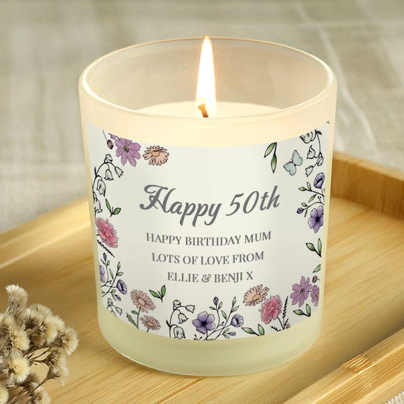 Personalised Happy 50th Birthday Wild Flowers Glass Candle 50