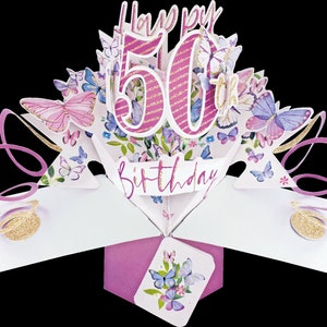 Cartão de aniversário de 50 anos 3D Pop Up Card - Design de borboleta perfeito para mulheres, mães, avós, irmãs, esposas, amigas, sobrinhas