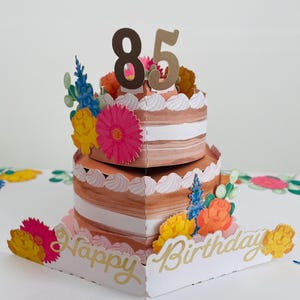 Bolo de lembrança de cartão pop-up 3D de aniversário de 85 anos e flores - Mulher mãe avó avó irmã amiga