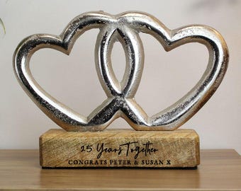 Personalised 25th Anniversary Double Heart Wooden Ornament - silver wedding couple gift