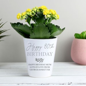 Mini pot de fleur personnalisé en céramique pour joyeux 80e anniversaire - Jardinière blanche pour lui, homme femme, papa, grand-père, oncle, ami