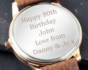 Personalisierte Herrenuhr zum 80. Geburtstag mit braunem Armband, Roségoldton und Präsentationsbox - Geschenk zum 80
