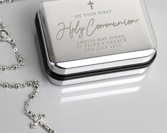 Personalised First Holy Communion Rosary Beads and Cross Trinket Box