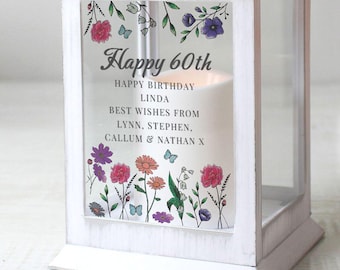 Personalised 60th Birthday Lantern - Wild Flowers White LED Lantern - Female Mum Gran Grandma Sister Friend Daughter Aunt