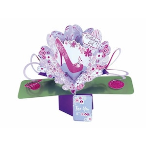 Tarjeta emergente 3D de cumpleaños para niña, zapato rosa púrpura para mamá, abuela, abuela, hija, nieta, sobrina, tía, hermana, amiga