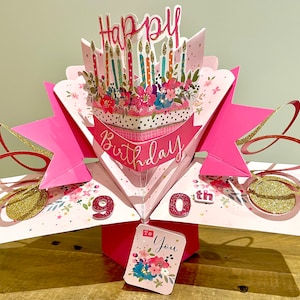 90. Geburtstag Pop Up 3D Karte Andenken Geburtstagskuchen - Frau Mutter Oma Oma Schwester Freund Tante