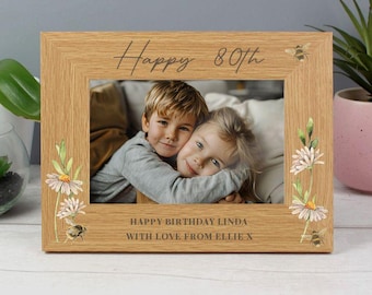 Personalised Happy 80th Birthday Floral Bee 6x4 Oak Finish Photo Frame - gift for her, Mum, Gran, Aunt, Friend, Sister, Nan