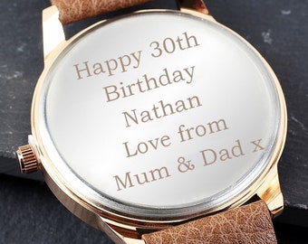 Personalised 30th Birthday Mens Watch with Brown Strap, Rose Gold Tone and Presentation Box - 30th Birthday Gift