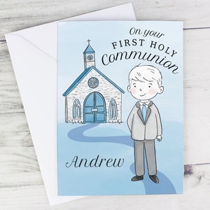 Carte personnalisée Garçons pour votre première communion - Bleu