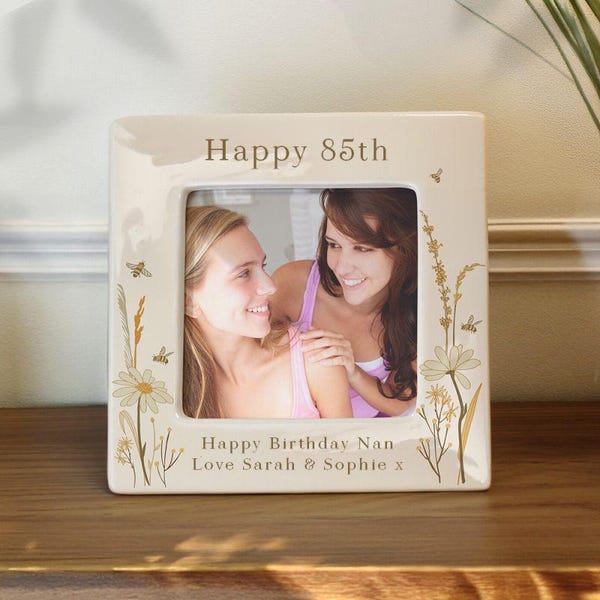 Personalised Happy 85th Birthday Bees & Daisy Ceramic 4x4 Photo Frame - 85 gift for her, woman, mum, grandma, nan, aunt, sister, friend
