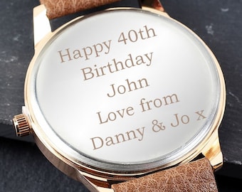 Personalised 40th Birthday Mens Watch with Brown Strap, Rose Gold Tone and Presentation Box - 40th Birthday Gift