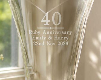 Personalised 40th Anniversary Special Diamond Heart Vase - Ruby wedding gift for him, her, couple, friends, family