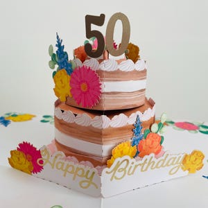 50. Geburtstag Pop Up 3D Karte Andenken Kuchen & Blumen - Weiblich Mutter Gran Oma Schwester Freund Tante