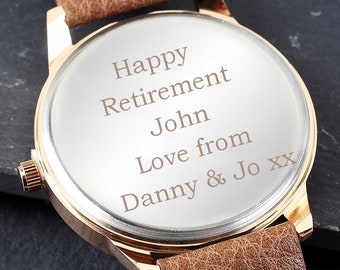 Personalised Happy Retirement Mens Watch with Brown Strap, Rose Gold Tone and Presentation Box - Retirement Gift for Him, Man, Male