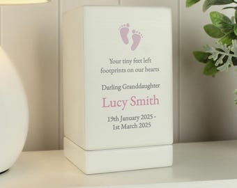 Personalised Baby Girl Small Wooden Urn - Pink Memorial for Human Ashes - daughter, granddaughter, sister