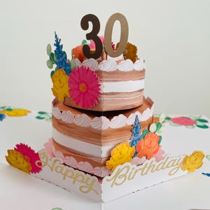 30. Geburtstag Pop Up 3D Karte Andenken Kuchen & Blumen - Tochter Enkelin Schwester Freund Tante Nichte Cousin