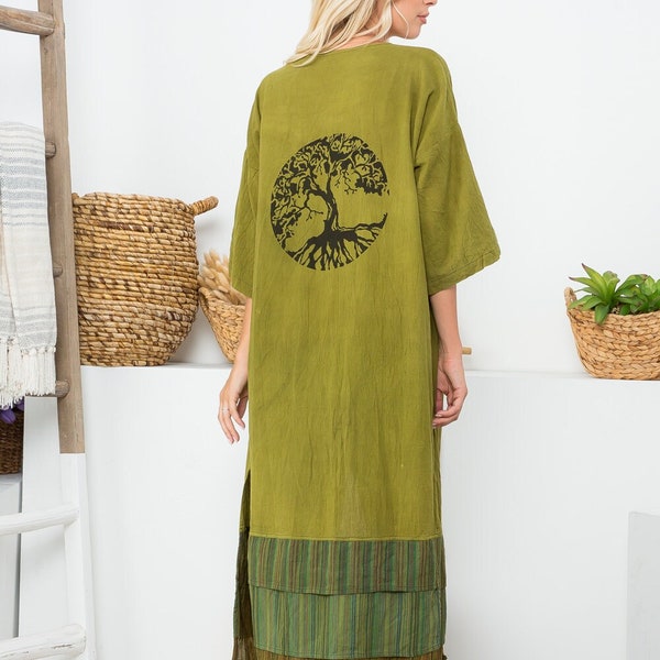 Bohemian Tree of Life Kimono - 100% Cotton Long Sleeve Cover Up (Maroon, Green, Purple)