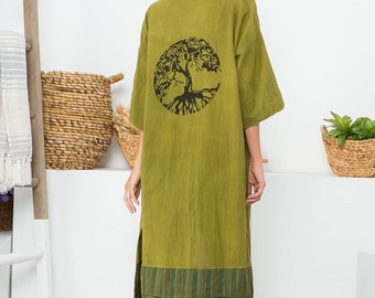 Boho Tree of Life Kimono - 100% katoenen cover-up met lange mouwen (kastanjebruin, groen, paars)