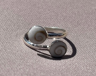 Adjustable Shiva Eye Shell Ring - Sterling Silver and Operculum Circular ring, Goddess Swirl, Sacred Spiral, Made in Nepal