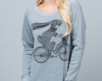 Bunny on a Bike Crewneck for Rabbit Lover, Women's Fleece Sweatshirt, Bunny Sweatshirt, Holiday Gift, Easter Gift