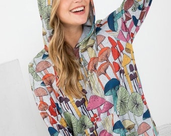 UNISEX Comfy Mushroom Print Festival Hoodie, Mushroom Vegan,Trendy, All over Print AVAILABLE IN S-3XL black & gray, Pullover or Zipper (new)