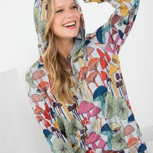 UNISEX Comfy Mushroom Print Festival Hoodie, Mushroom Vegan,Trendy, All over Print AVAILABLE IN S-3XL black & gray, Pullover or Zipper (new)