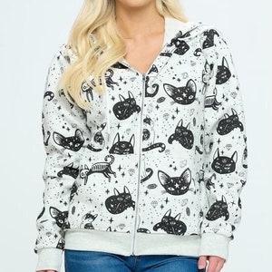 women fleece lined cat print zipper hoodie