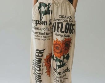 Pantalón ancho de algodón con estampado vintage de girasoles - 100% algodón - Talla única