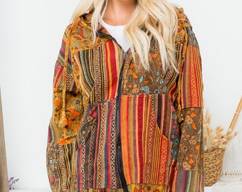 Boho Mushroom Patchwork Hoodie | Oversized Eco-Friendly Cotton Jacket | Unisex