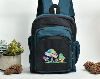 Enchanted Mushroom Garden Backpack - Unique Hemp Backpack - 12 Inches - Blue Bag - Green Mushroom Bag - Magic Mushroom Backpack