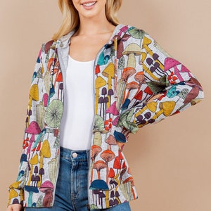 unisex grey zipper hoodie with colorful mushroom print all over