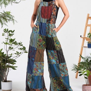 100% Cotton Mushroom Print Unique One of a Kind Patchwork Unisex Overalls | One Size Fits All | S, M, L, XL | 3 Adjustable Lengths