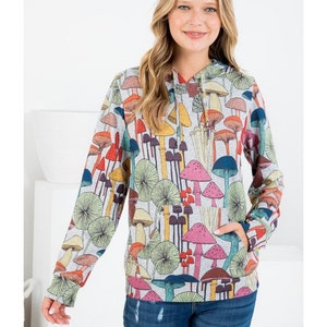 funky fresh magic mushroom colorful print hoodie in grey background